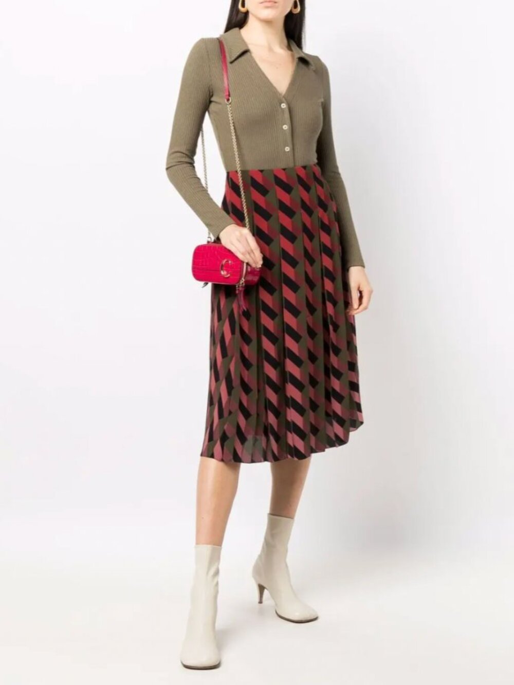 $1900 Ferragamo Black Geometric Pleated Multi Midi Silk Skirt size IT 42/6